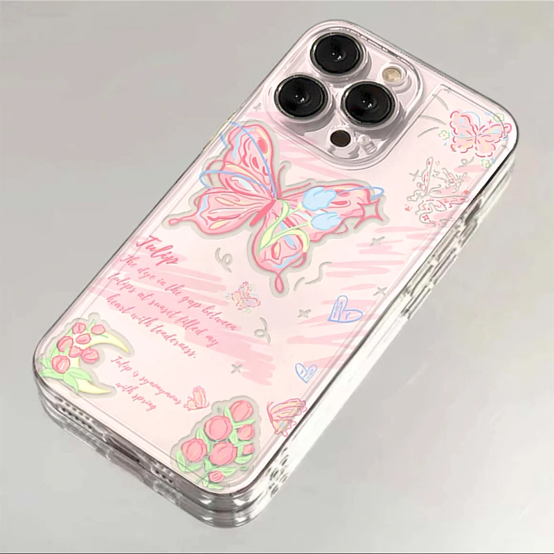 粉英文玫瑰蝴蝶适用iphone15/13苹果14pro手机壳华为vivo小米oppo