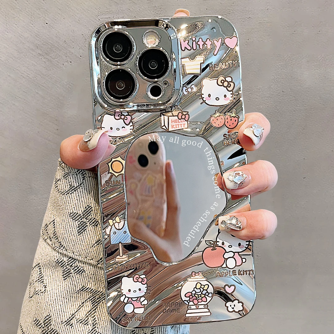 可爱卡通链条KT猫iPhone15/14promax镜面手机壳苹果13/12/11软套
