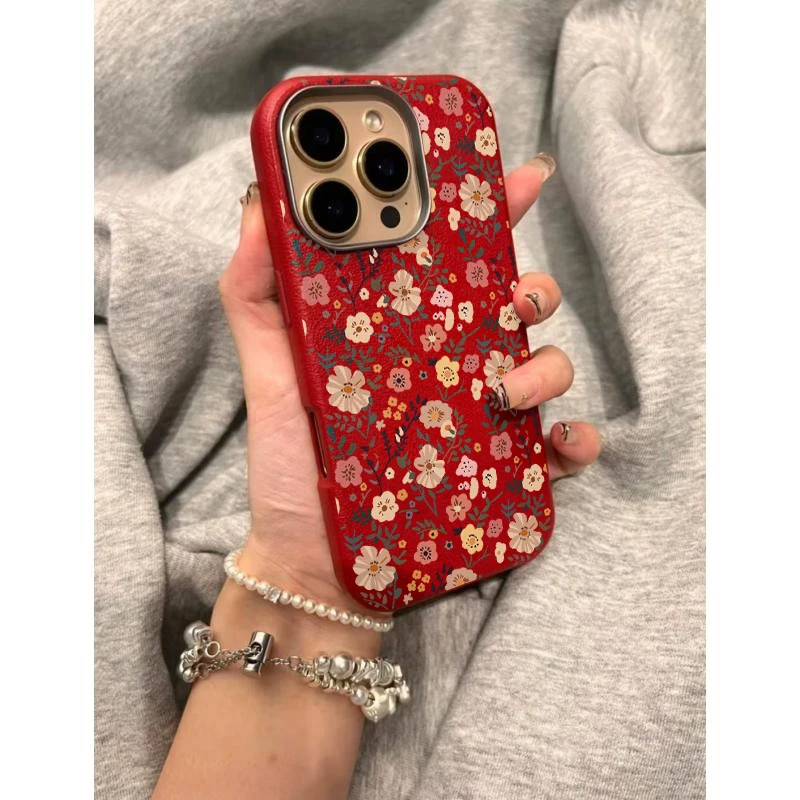 奥菲顿小众满屏红花适用iPhone16荔枝纹15金属框14苹果手机壳13套