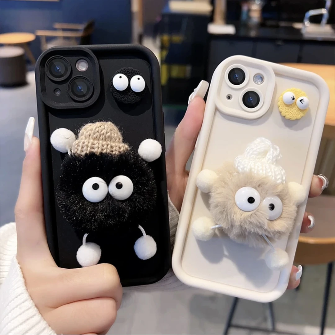 ins秋冬毛绒煤球适用iPhone15/14promax手机壳苹果13/12/11软套