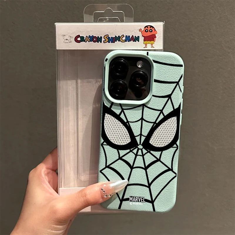 奥菲顿蓝底蜘蛛脸适用iPhone15/14promax荔枝纹苹果手机壳12/11套