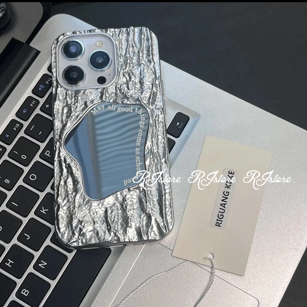 高级褶皱银英文镜面苹果14promax手机壳iPhone13女12全包11软xr套