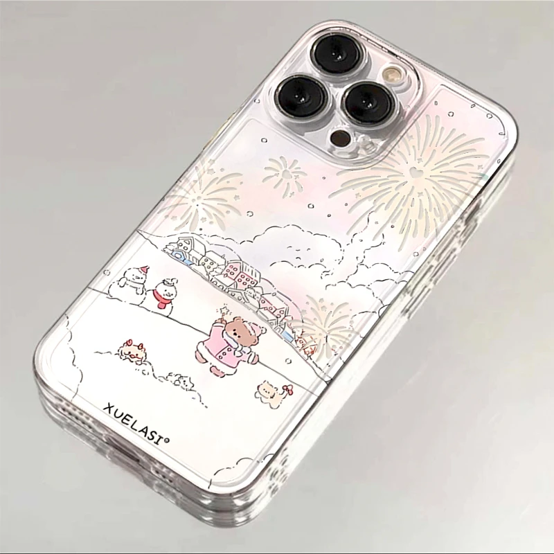 卡通雪地烟花小熊适用iphone15/13苹果14手机壳华为viv小米oppo套