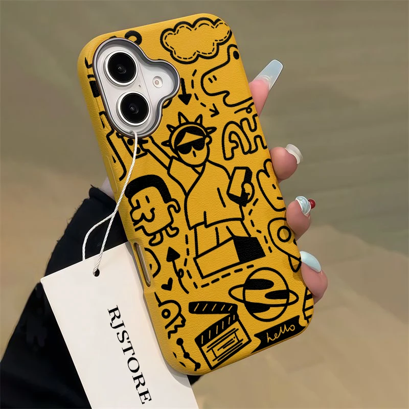 雅天立搞怪线条涂鸦适用iPhone16/15pro荔枝纹14金属框手机壳13套
