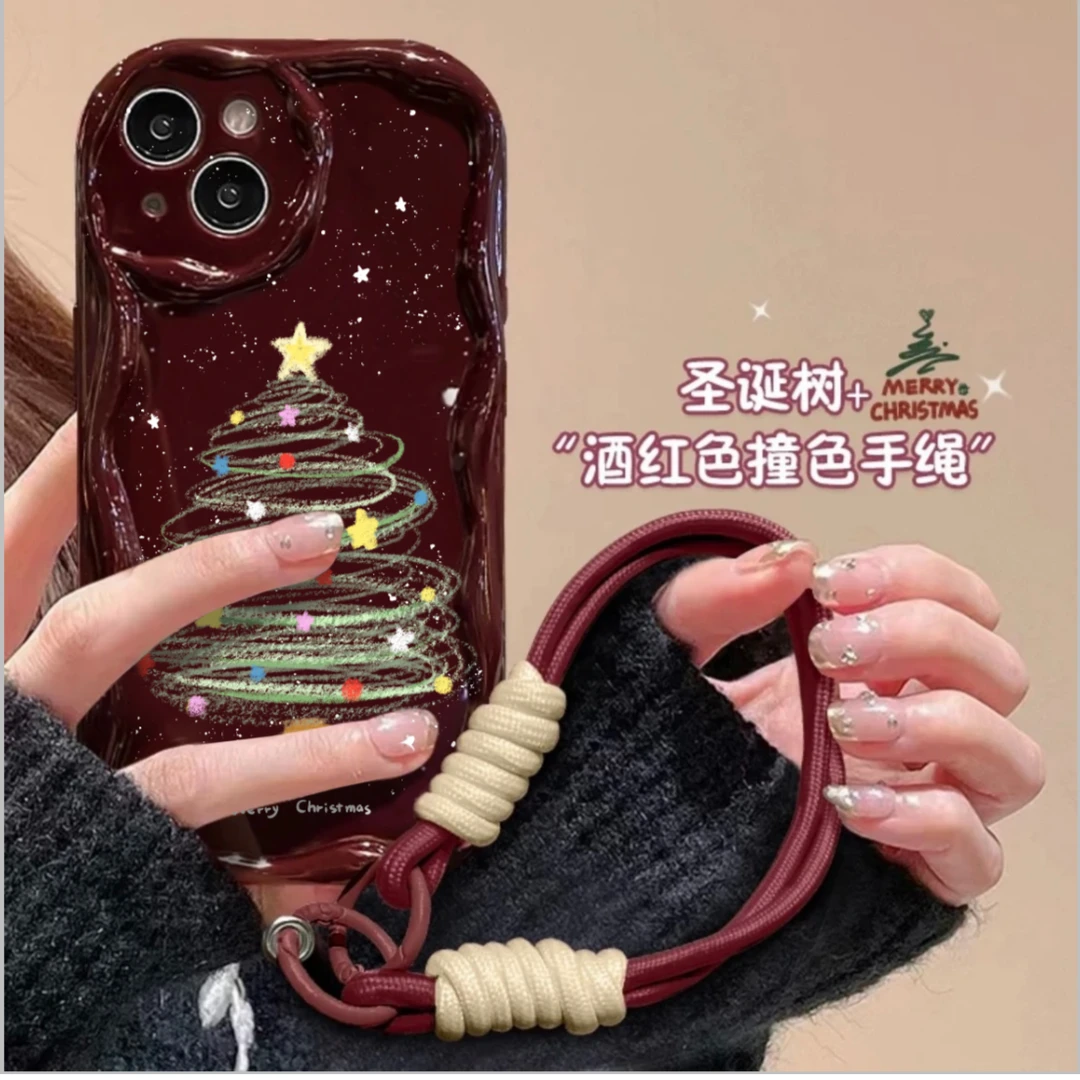 ins彩色圣诞树短绳iphone15/13苹果14pro手机壳华为viv小米oppo套