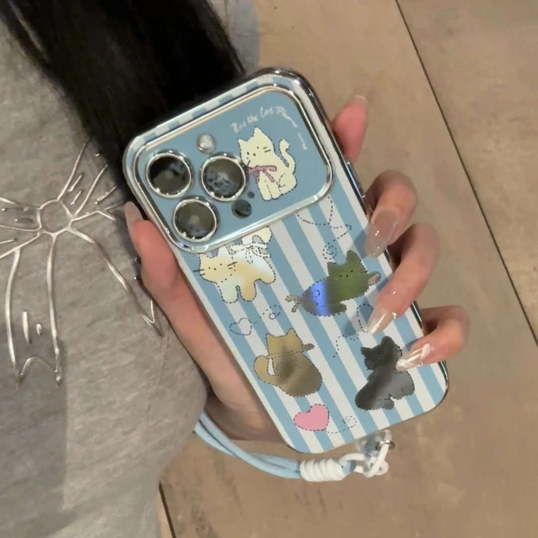 奥菲顿可爱蓝竖纹小猫适用iPhone15电镀手机壳华为vivo小米oppo