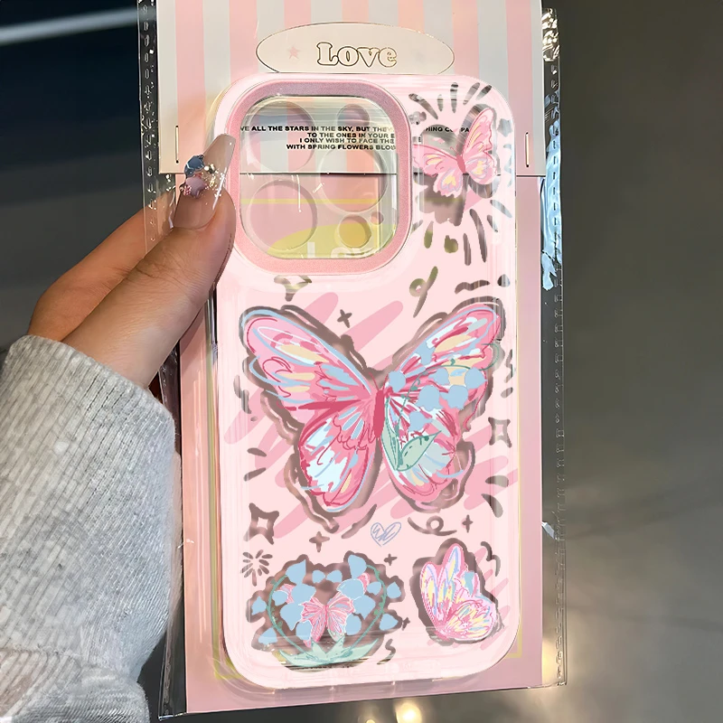 ins粉底涂鸦蝴蝶适用iphone15/14pro/13手机壳华为vivo小米oppo套