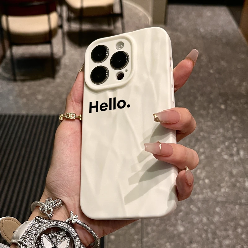 简约hello英文适用iPhone15/14promax褶皱手机壳xr苹果13/12/11套
