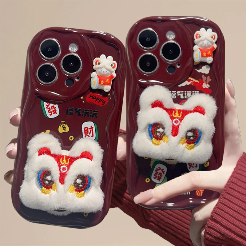 SMBLCE新年毛绒醒狮适用iphone15/13苹果14手机壳华为viv小米oppo