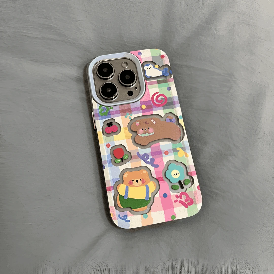彩色格纹小熊适用iphone15手机壳14苹果华为vivo小米oppo防摔保护