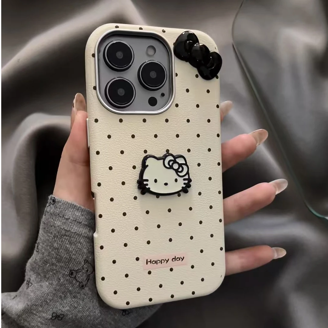 黑波点kt蝴蝶结适用iPhone16荔枝纹15promax金属框苹果14手机壳13