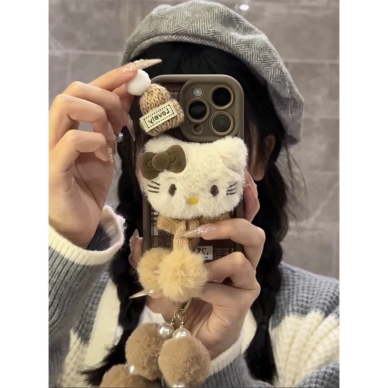 ins毛绒凯蒂挂绳适用iphone16/15pro手机壳华为P70vivo小米14oppo