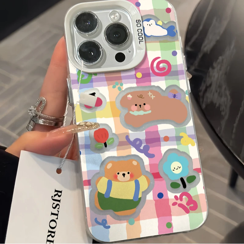 彩色格纹小熊适用iphone15/13苹果手机壳14pro华为vivo小米oppo套