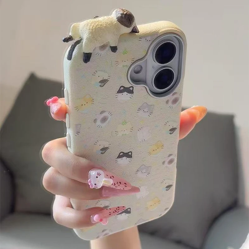 奥菲顿满屏猫咪集合适用iPhone16/15pro荔枝纹14金属框手机壳13套