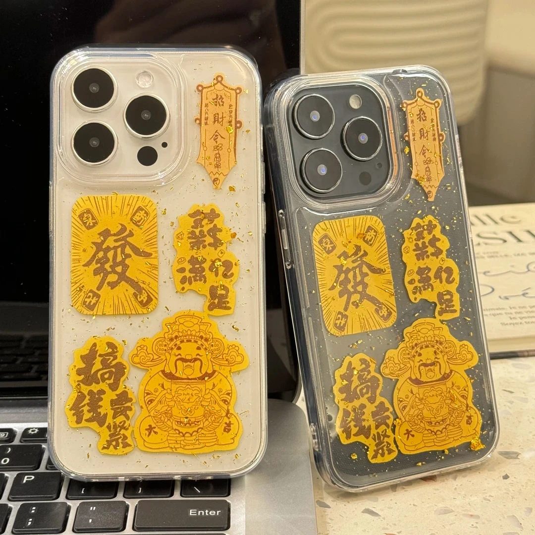SMBLCE金箔滴胶中国风财神爷适用iPhone16大孔15苹果12手机壳13套