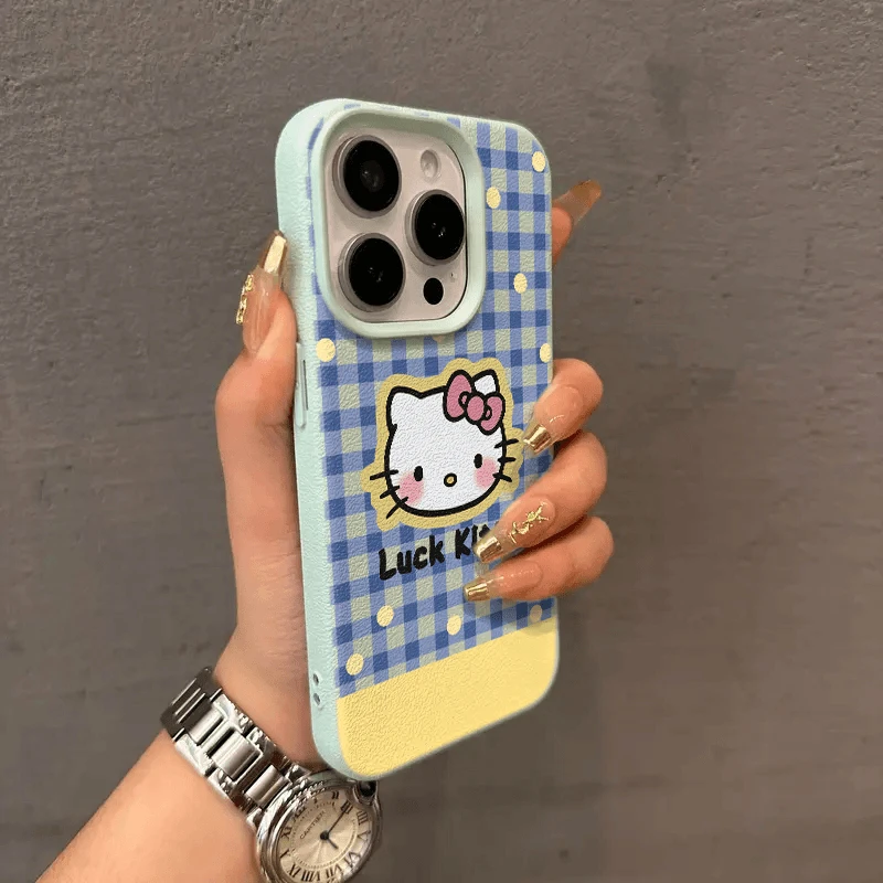 Lucky蓝白格纹kt头像适用iPhone15/14pro荔枝纹13苹果手机壳12套