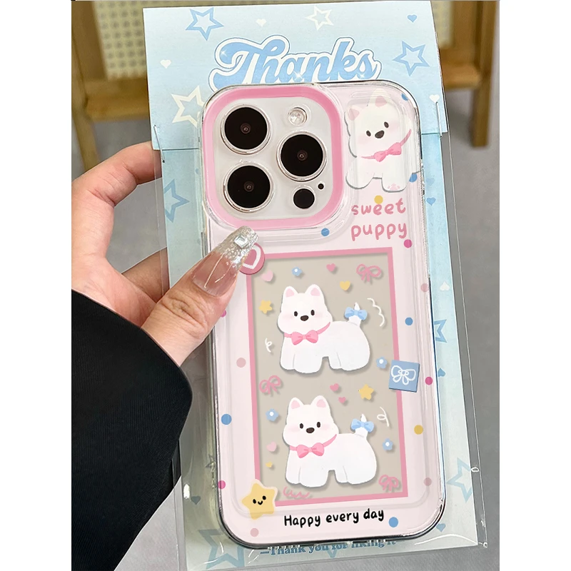 ins粉波点小白狗适用iphone15/13苹果14手机壳华为vivo小米oppo套