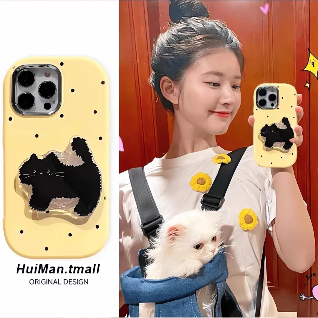 雅天立黑猫波点支架适用iphone15手机壳苹果14华为vivo小米oppo套