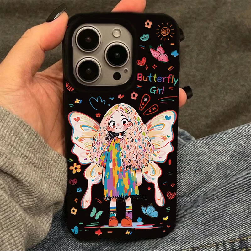 涂鸦蝴蝶女孩适用iPhone15/14promax大孔手机壳苹果13/12果冻软壳