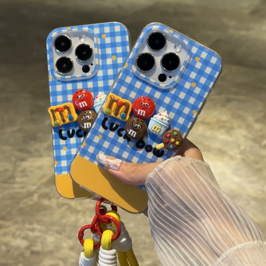 奥菲顿蓝格纹立体M豆适用iPhone15/14羽纱手机壳华为vivo小米oppo