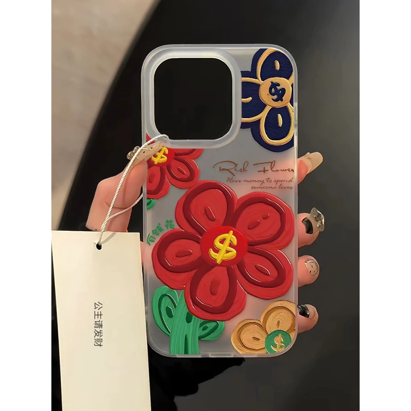 ins彩绘大红花适用iPhone15/14promax磨砂手机壳11苹果13pro/12套