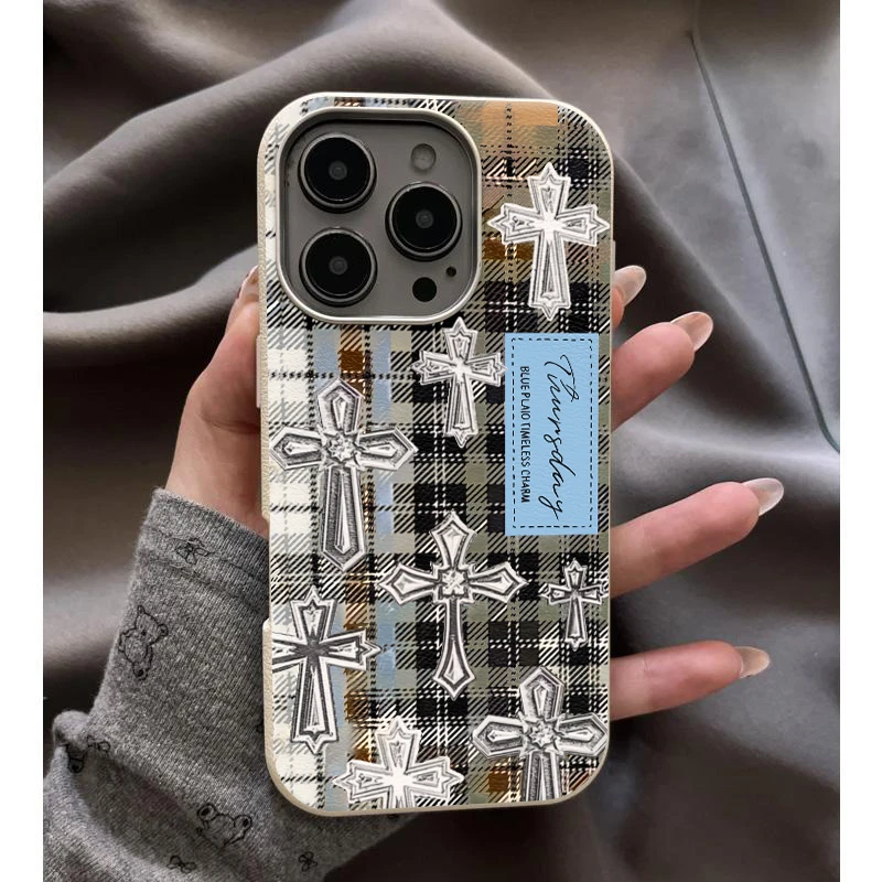 奥菲顿格纹克罗心适用iPhone16荔枝纹15金属框14苹果12手机壳13套