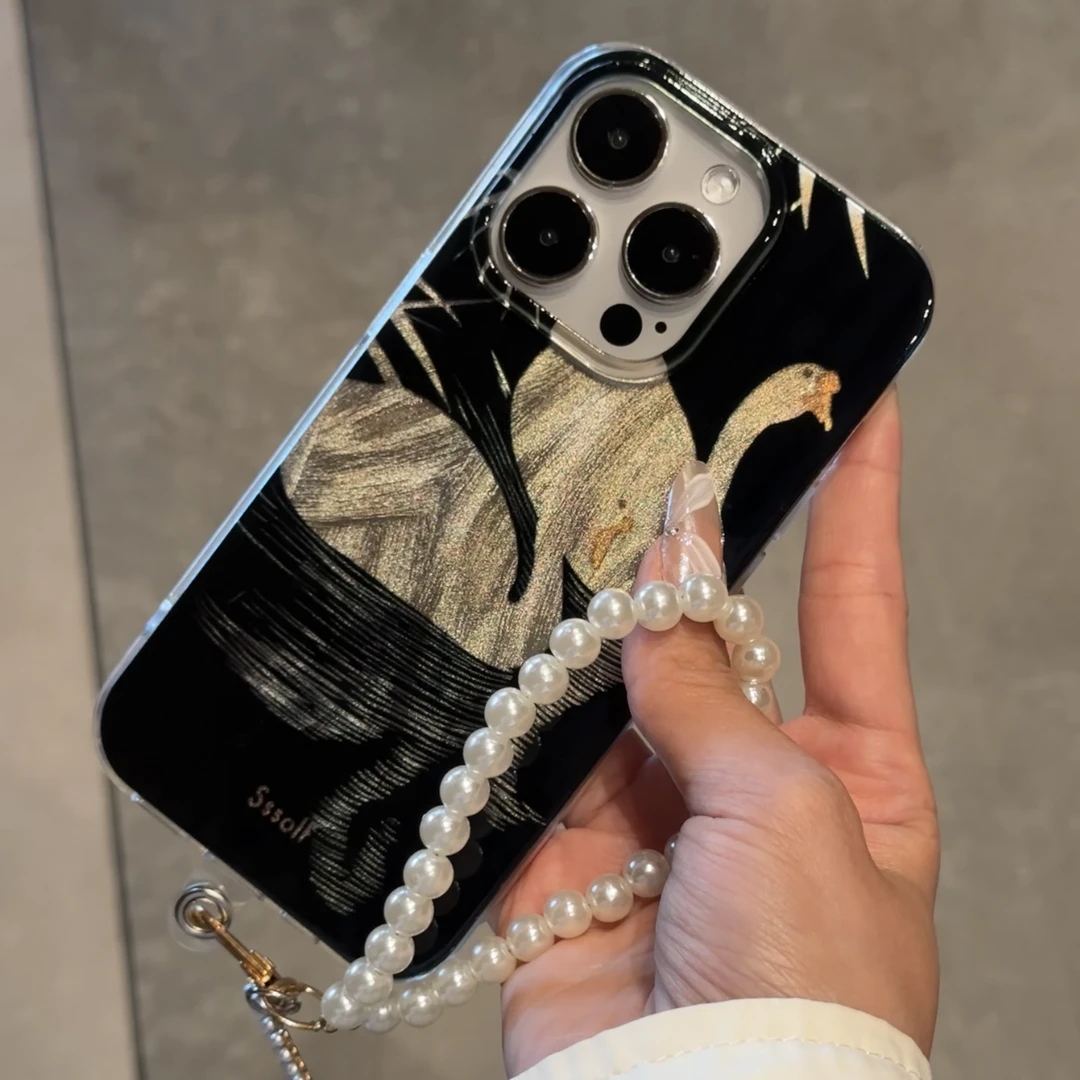 奥菲顿黑夜白天鹅适用iPhone15/14/13羽纱手机壳华为vivo小米oppo