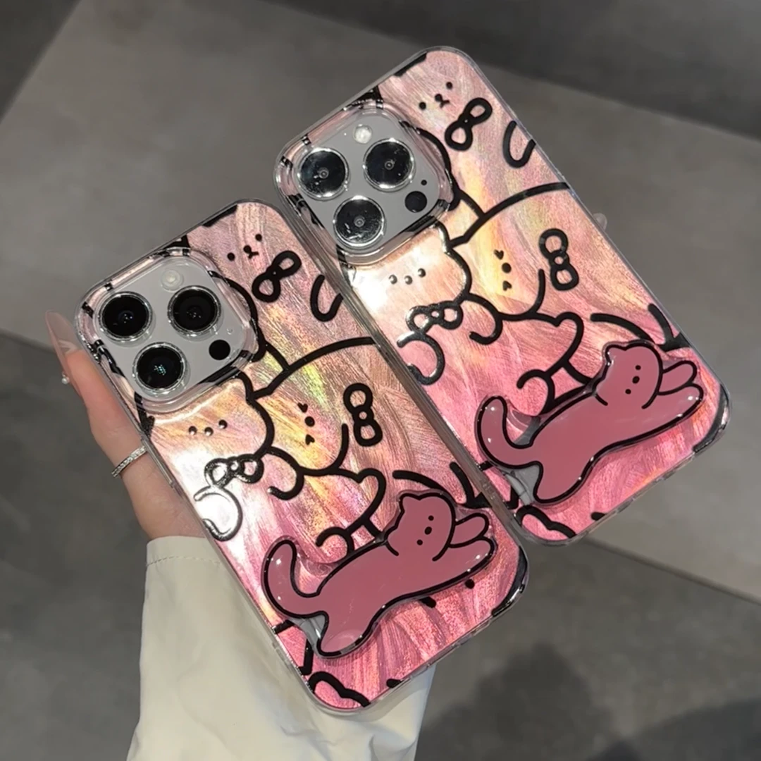 Lucky粉色猫支架适用iPhone15/14/13羽纱手机壳华为vivo小米oppo