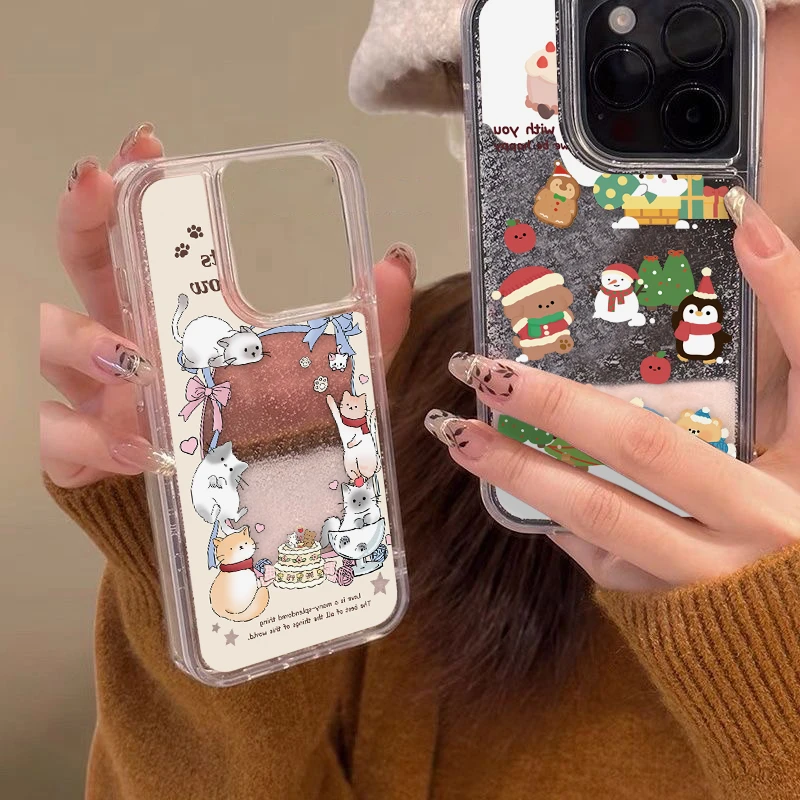 可爱雪花流沙企鹅小熊适用iPhone15/14promax手机壳11苹果13/12套