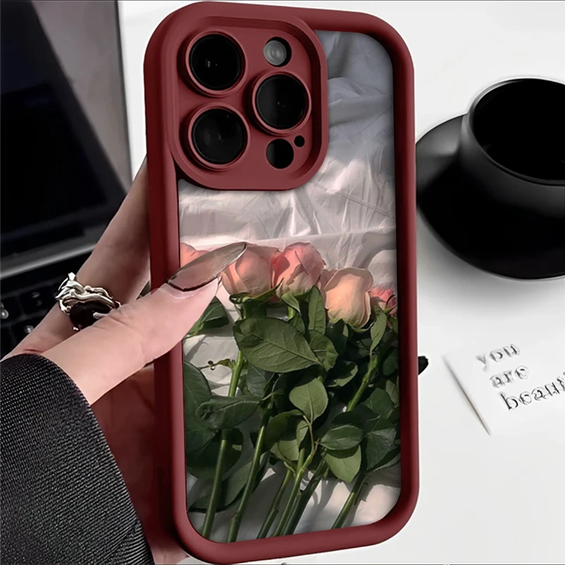 艺术粉色玫瑰适用iphone15/13苹果14手机壳华为vivo小米oppo软套