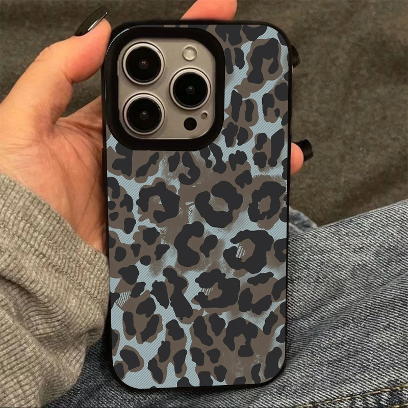 奥菲顿蓝底棕色豹纹适用iPhone16果冻15手机壳华为vivo小米oppo套