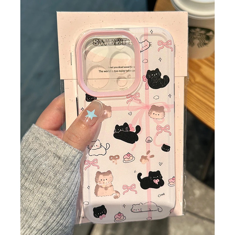 镂空丝带黑白猫适用iphone15/14/13透明手机壳华为vivo小米oppo软