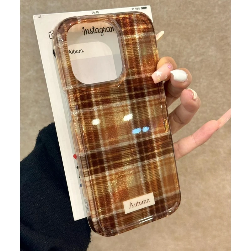 Lucky秋冬棕色格纹适用iPhone16/15pro冰川12手机硬壳14苹果13套