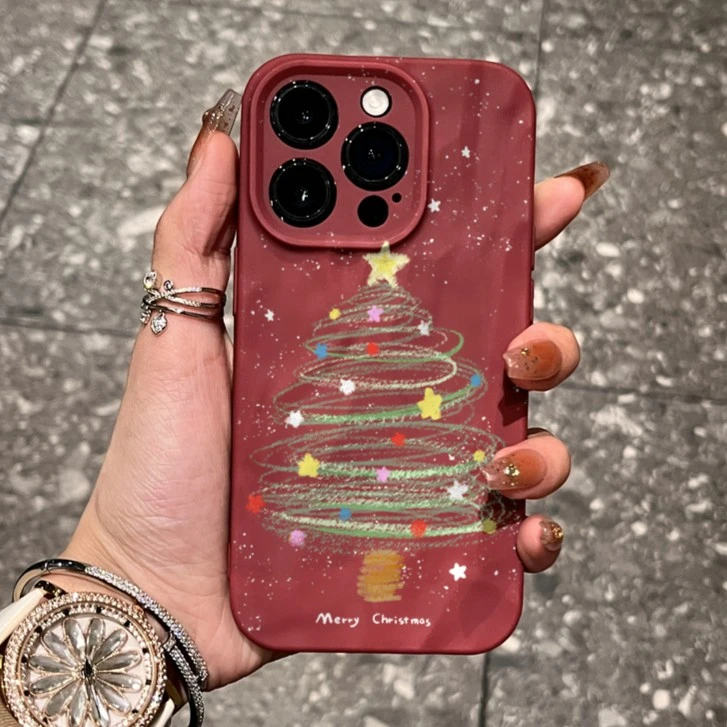 彩色星星圣诞树适用iPhone15/14promax褶皱xr手机壳11苹果13/12套