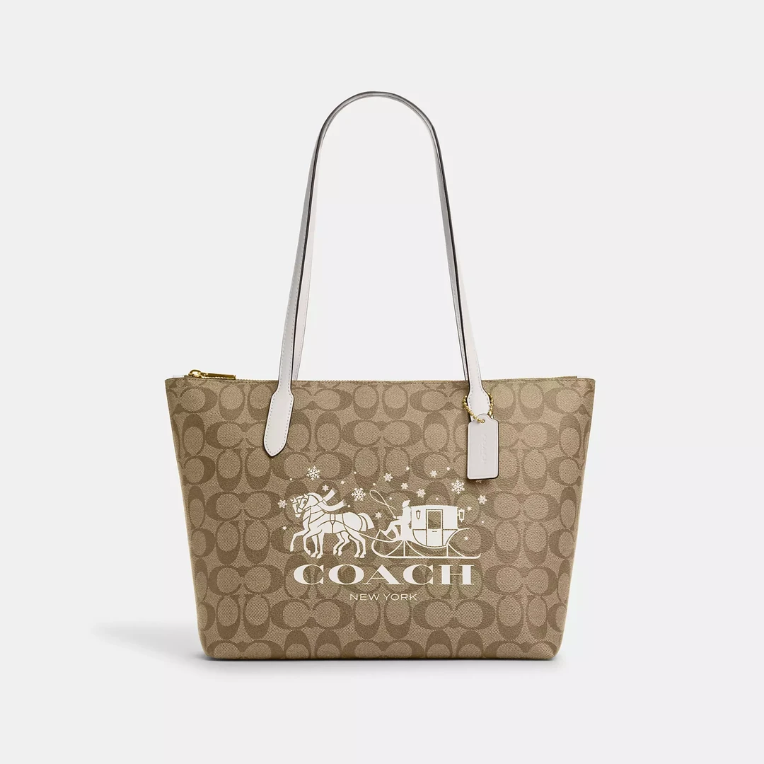 COACH/蔻驰【价签丢失】卡其棕logo拼白马车拉链托特包CN626IMDJ8