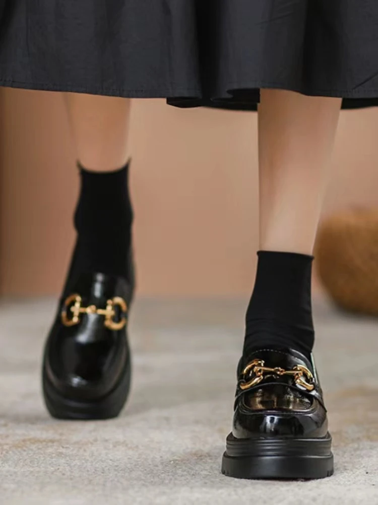 安淇推荐 361-33 真皮黑色 春秋英伦风松糕软底女士乐福鞋小皮鞋