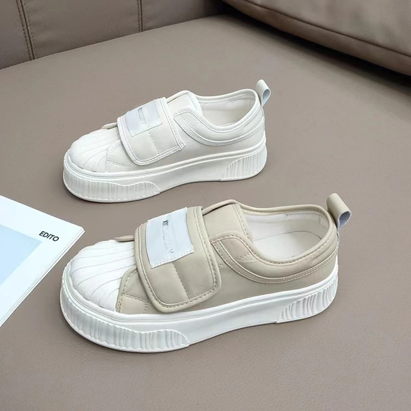 贝壳头厚底饼干鞋女2024秋季新款魔术贴真皮小白鞋百搭休闲板鞋