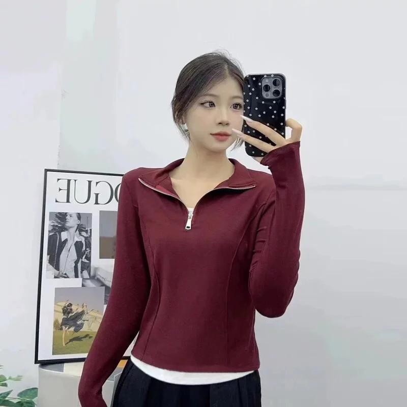 725韩版立领德绒抓毛半拉链长袖打底T恤女春季新款打底衫内搭上衣