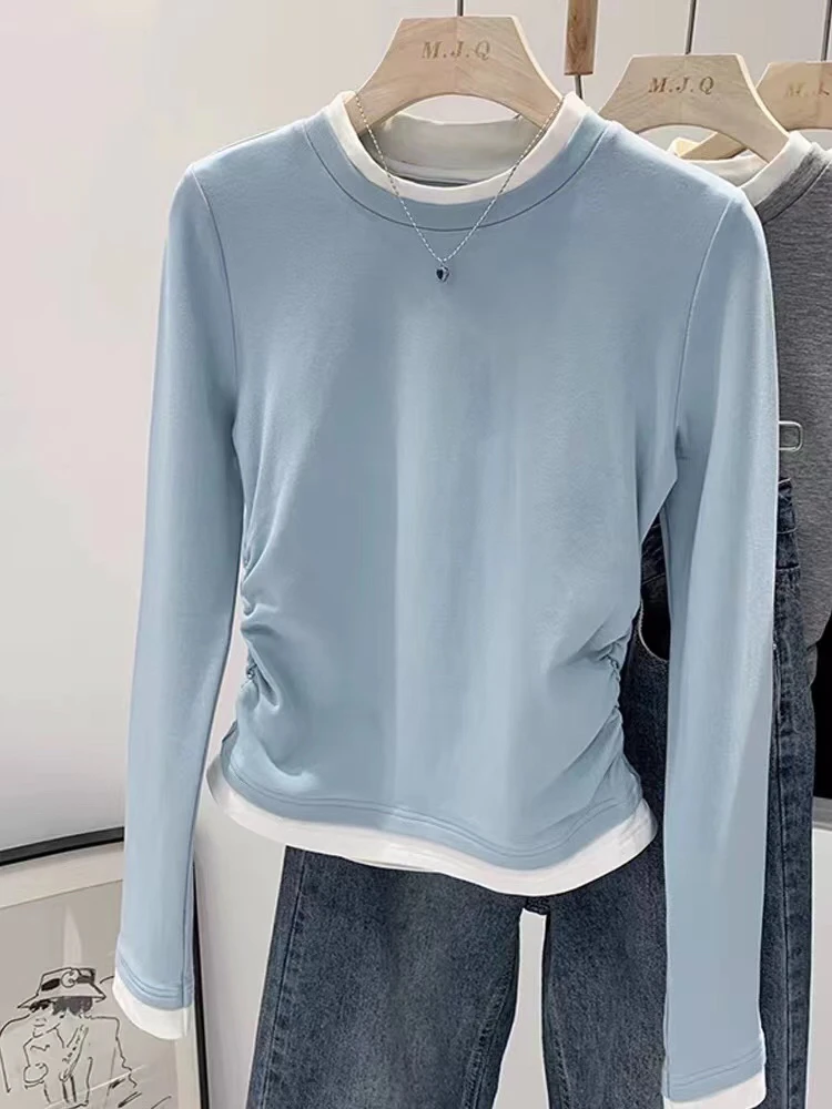假两件撞色长袖T恤女2024秋季新款内搭打底衫上衣韩系氛围感穿搭