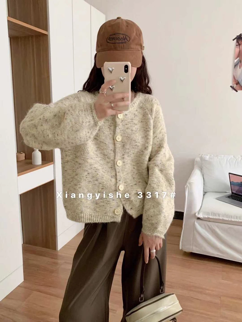 花纱杂线彩点毛衣外套女冬季厚款杂色软糯减龄慵懒针织开衫上衣