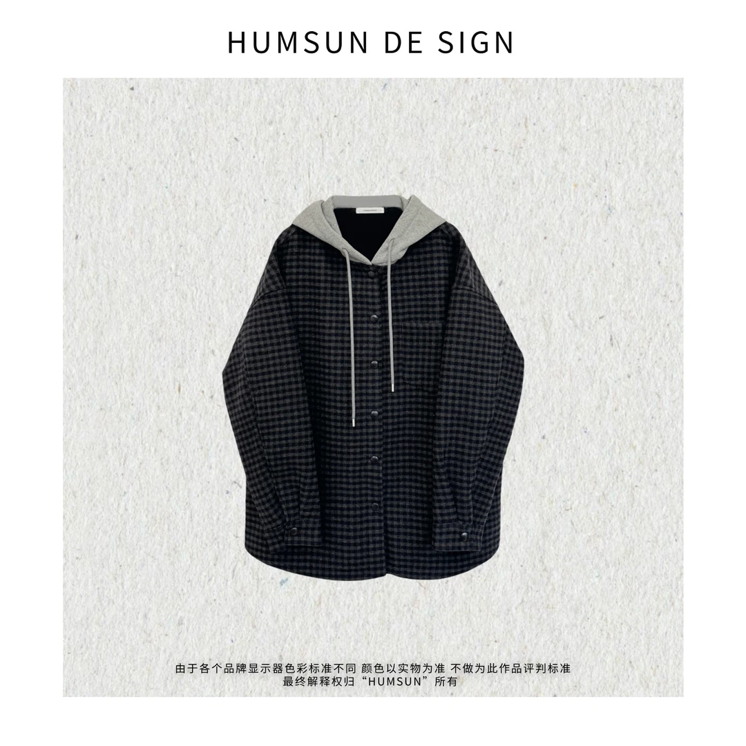 HUMSUN/禾木笙「秀场周边」复古色织格纹廓形加绒连帽外套 24E400