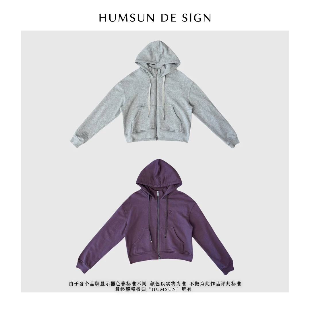 HUMSUN/禾木笙  高品質极简百搭双拉链高克重连帽外套  24A361