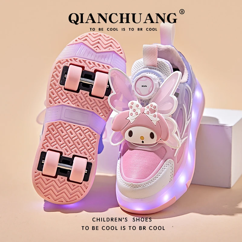 天使美乐蒂女童闪灯加绒暴走鞋儿童两穿四轮轮滑运动鞋溜冰儿童鞋