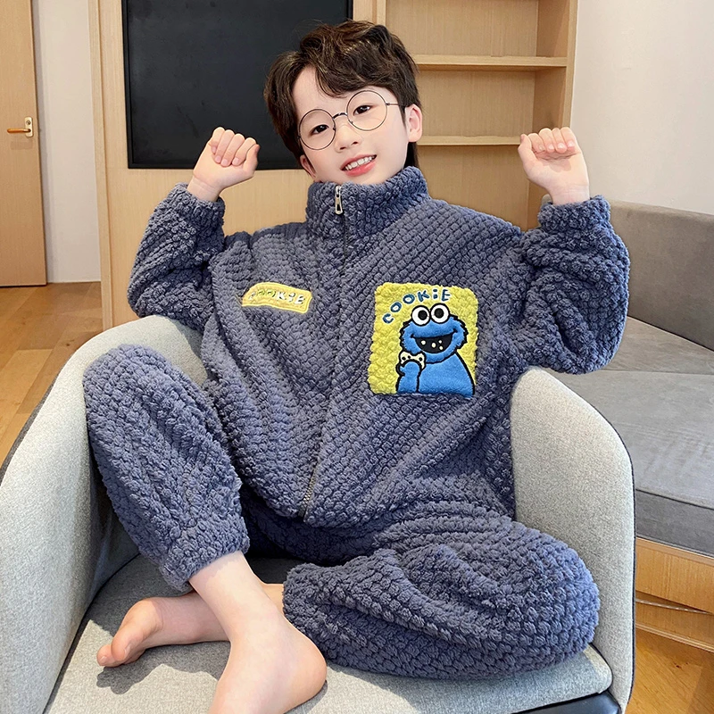 秋冬季儿童睡衣新款珊瑚绒男童法兰绒加绒加厚卡通男孩洋气家居服