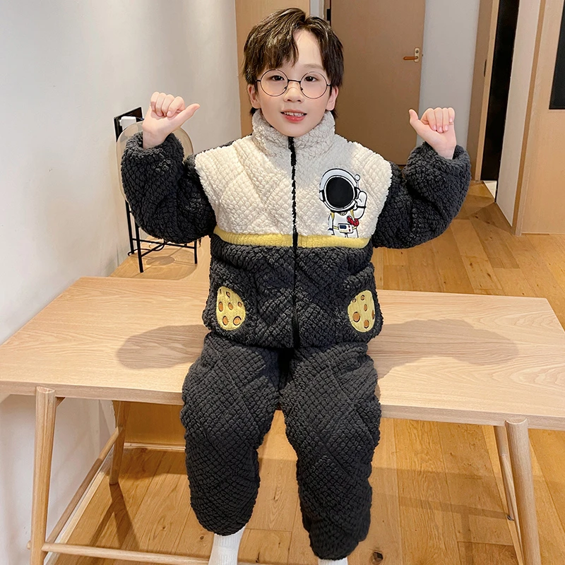 男童三层夹棉冬季珊瑚绒睡衣儿童加绒加厚男孩外穿可爱卡通家居服