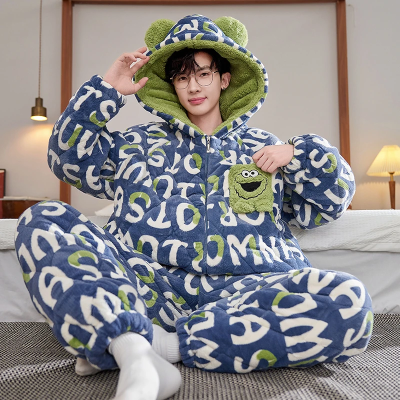 珊瑚绒2025冬季男士三层夹棉睡衣加绒加厚保暖新款卡通家居服套装