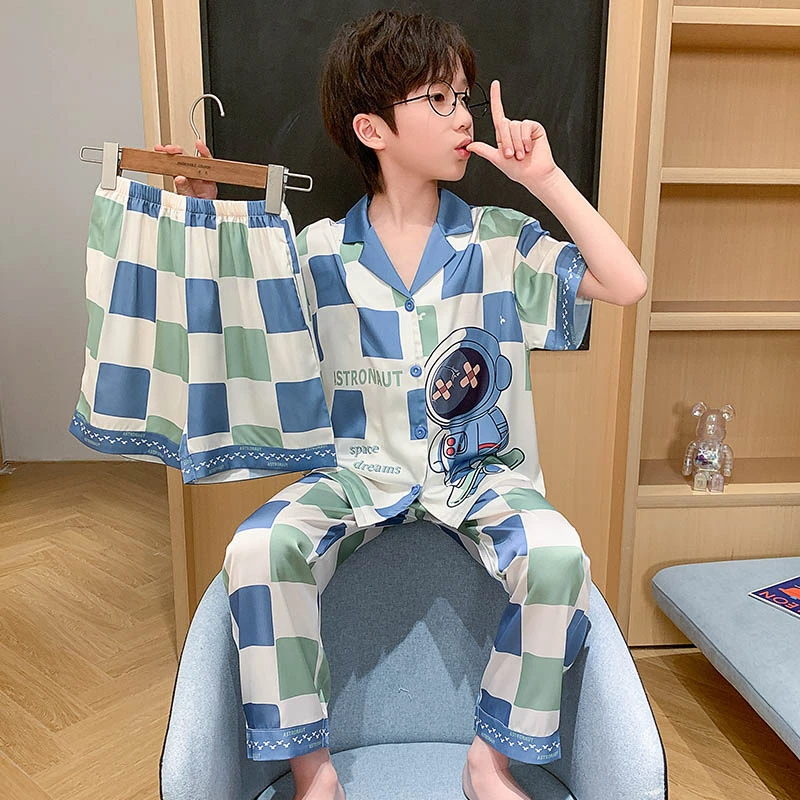 夏季儿童款睡衣短袖男童冰丝长裤三件套中大童男孩卡通亲子家居服