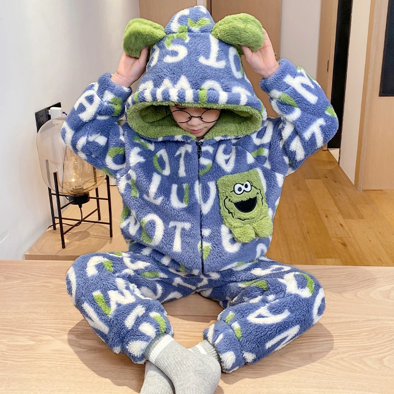 冬季新款男童珊瑚绒秋冬季连帽睡衣儿童卡通小男孩洋气家居服套装