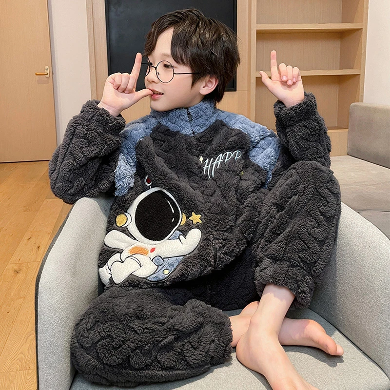 新款珊瑚绒男童睡衣加绒加厚儿童男孩中大童法兰绒休闲亲子家居服