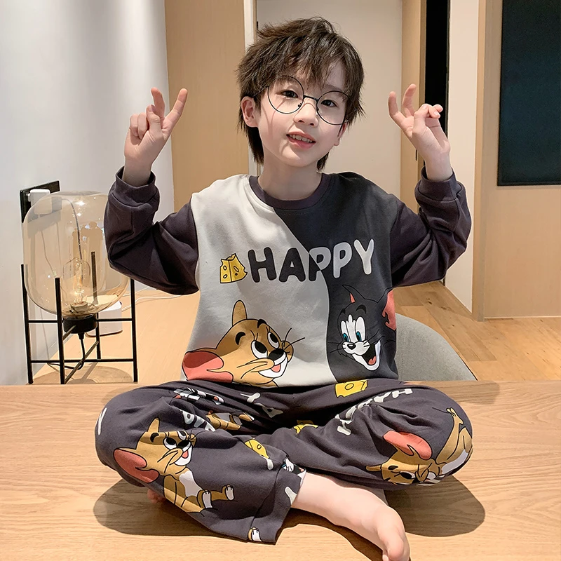儿童睡衣男童春秋薄款纯棉长袖12岁中大童男孩卡通洋气外穿家居服